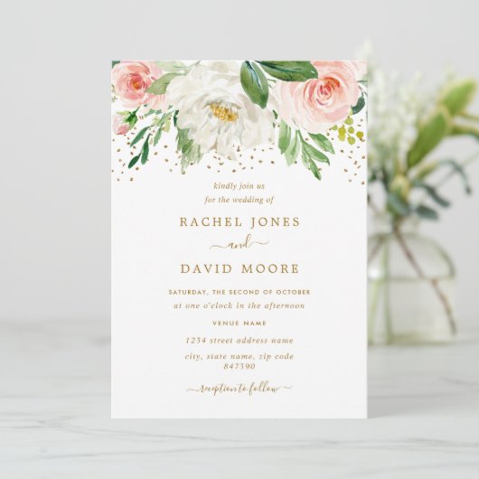 Waterverf Bloemen Blush Gouden Huwelijk Kaart (Staand voorkant)