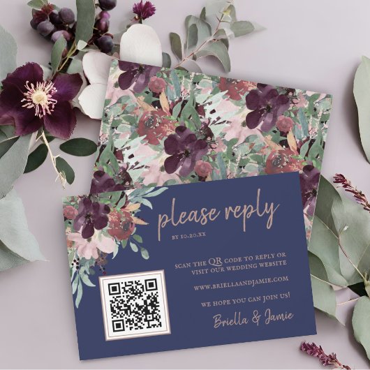 Waterverf Bloemen Blush Plum Navy Bruiloft QR Code RSVP Kaartje