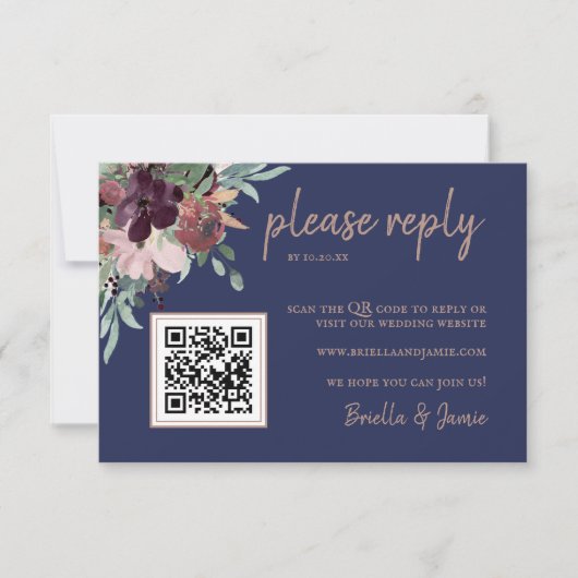 Waterverf Bloemen Blush Plum Navy Bruiloft QR Code RSVP Kaartje (Voorkant)