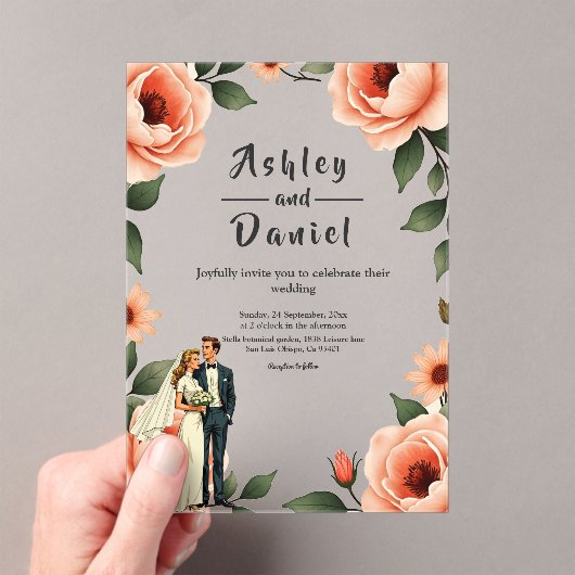 Waterverf Bloemen Blush Roze Bruid & Bruidegom Huw Acryl Uitnodigingen (Insitu (Draagbaar))