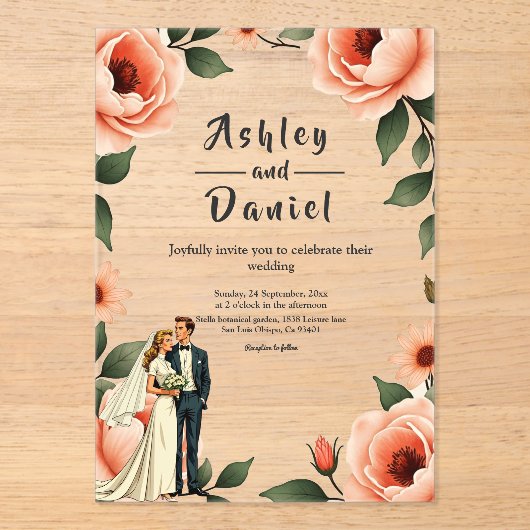 Waterverf Bloemen Blush Roze Bruid & Bruidegom Huw Acryl Uitnodigingen (Voorkant)