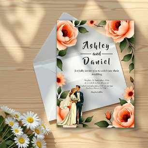 Waterverf Bloemen Blush Roze Bruid & Bruidegom Huw Acryl Uitnodigingen