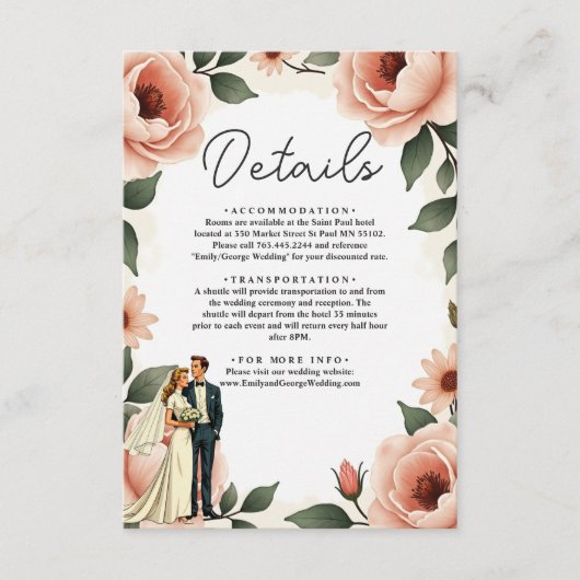 Waterverf Bloemen Blush Roze Bruid & Bruidegom Huw Informatiekaartje (Voorkant)