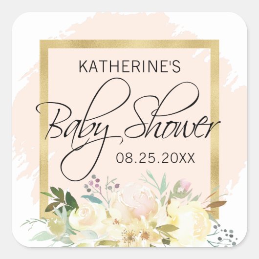 Waterverf Bloemen Blush Roze Goud Baby shower Vierkante Sticker (Voorkant)