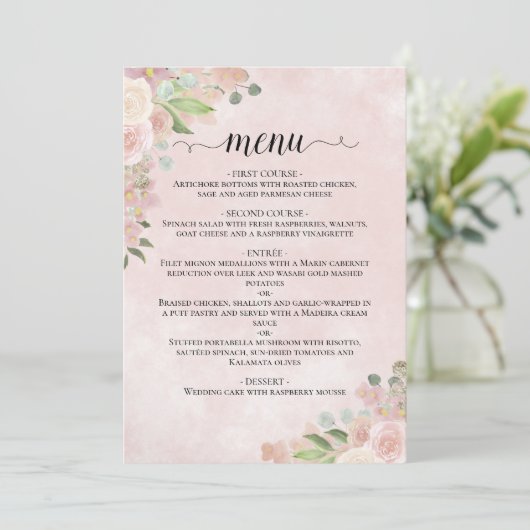 Waterverf Bloemen Blush Roze & Mauve Bruiloft Menu (Staand voorkant)