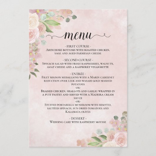 Waterverf Bloemen Blush Roze & Mauve Bruiloft Menu (Voorkant)