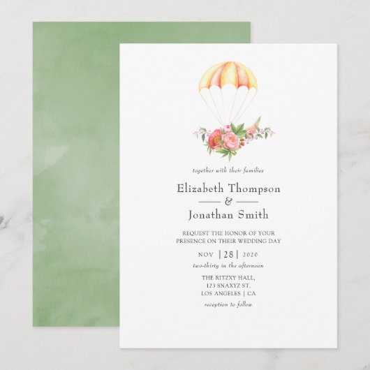 Waterverf Bloemen Boeket Parachute Bruiloft Kaart (Voorkant / Achterkant)