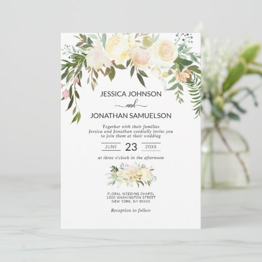 Waterverf Bloemen Boeket Roze Beige Ivoor Bruiloft Kaart (Staand voorkant)