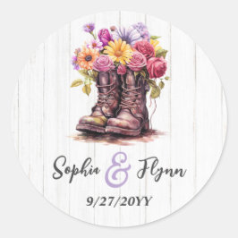 Waterverf Bloemen Boerderij Laarzen & Schuur Hout  Ronde Sticker