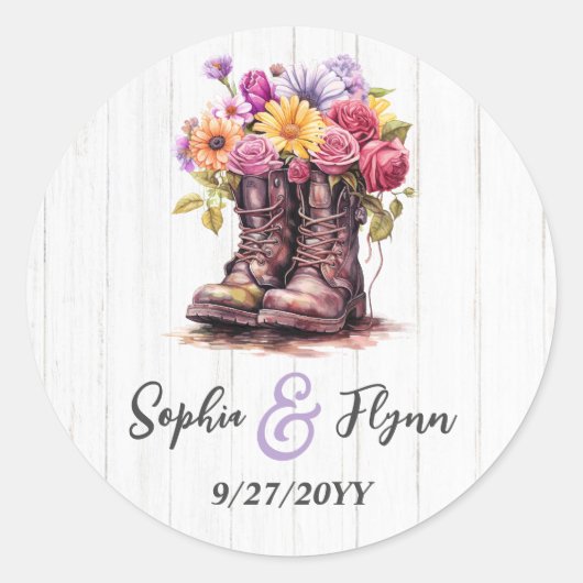 Waterverf Bloemen Boerderij Laarzen & Schuur Hout  Ronde Sticker (Voorkant)