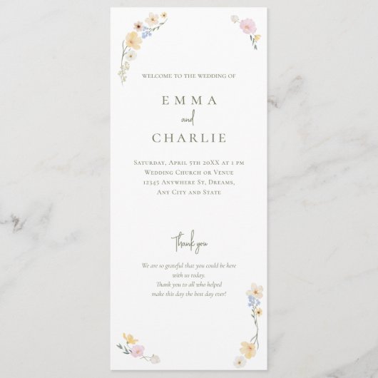 Waterverf Bloemen Boho Ceremonie Huwelijk Programmakaart (Voorkant)