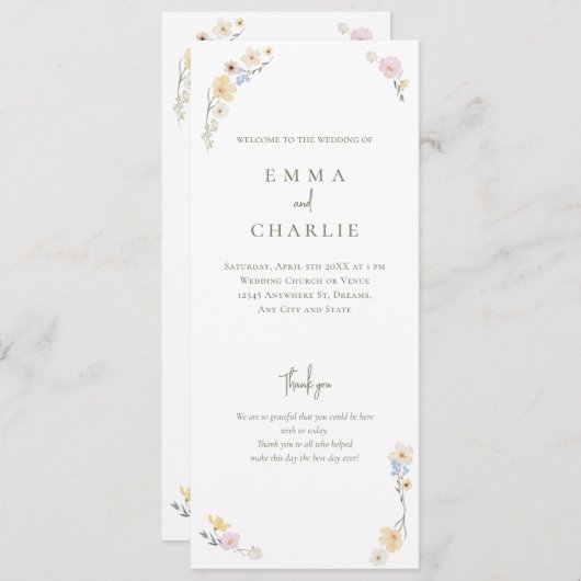 Waterverf Bloemen Boho Ceremonie Huwelijk Programmakaart (Voorkant / Achterkant)