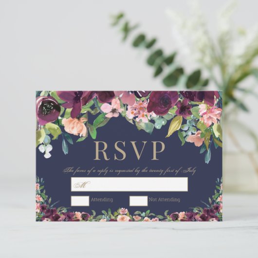 Waterverf Bloemen Boho Navy Bruiloft RSVP (Staand voorkant)