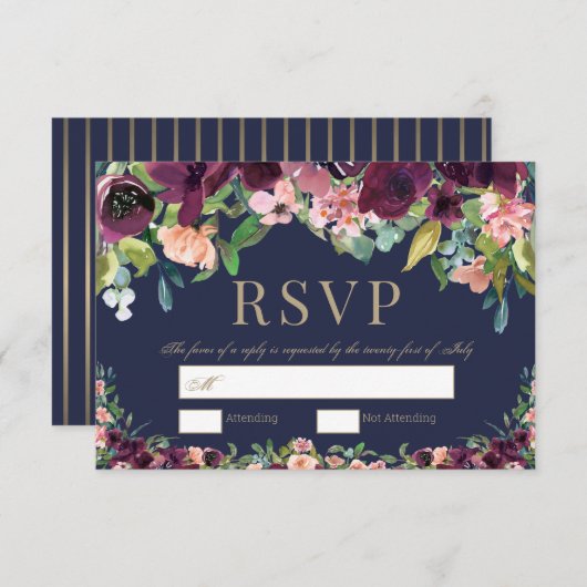 Waterverf Bloemen Boho Navy Bruiloft RSVP (Voorkant / Achterkant)