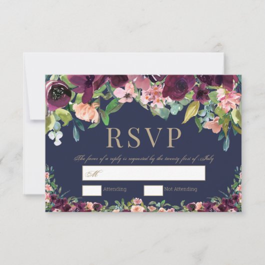 Waterverf Bloemen Boho Navy Bruiloft RSVP Kaartje (Voorkant)