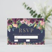 Waterverf Bloemen Boho Navy Bruiloft RSVP Kaartje (Staand voorkant)