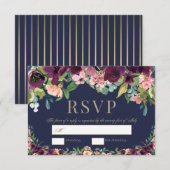 Waterverf Bloemen Boho Navy Bruiloft RSVP Kaartje (Voorkant / Achterkant)