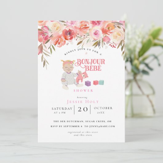 Waterverf Bloemen Bonjour Meisje Baby 2 Kaart (Staand voorkant)