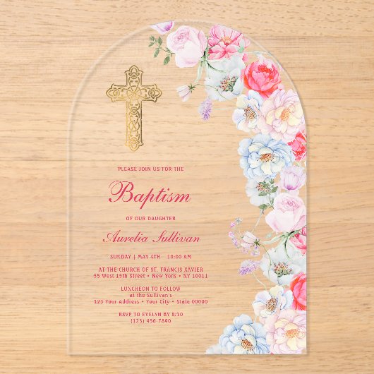 Waterverf Bloemen Boog Doop Acryl Uitnodigingen (Voorkant)