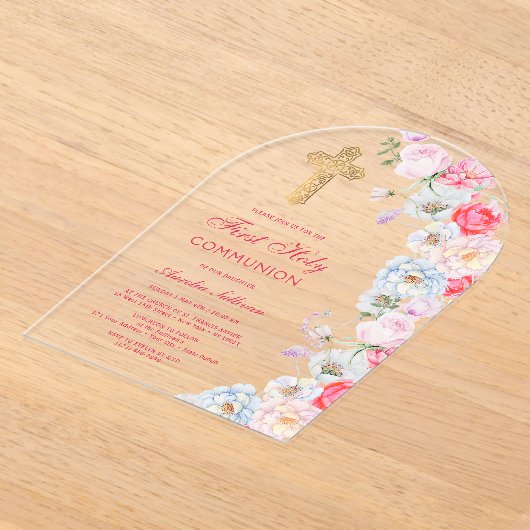 Waterverf Bloemen Boog Eerste Communie Acryl Uitnodigingen (Laagn)