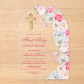 Waterverf Bloemen Boog Eerste Communie Acryl Uitnodigingen (Voorkant)