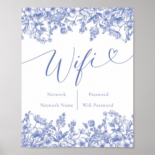 Waterverf Bloemen Botanisch Blauw Bloemen Wifi Sig Poster (Voorkant)