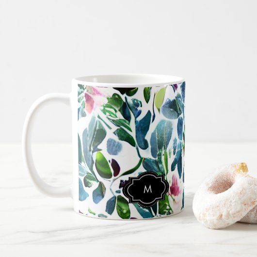 Waterverf bloemen botanisch patroon monogram koffiemok (Met donut)