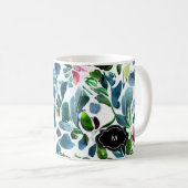 Waterverf bloemen botanisch patroon monogram koffiemok (Voorkant rechts)