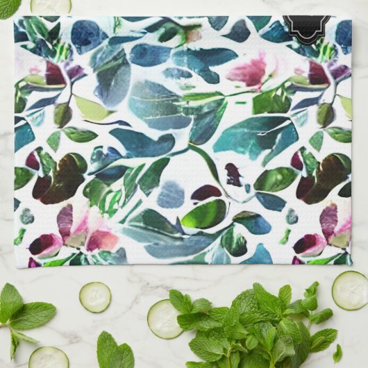 Waterverf bloemen botanisch patroon monogram theedoek (Gevouwen)