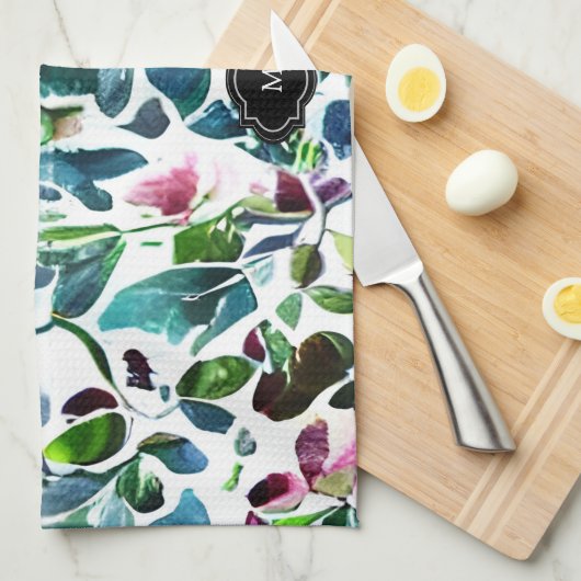 Waterverf bloemen botanisch patroon monogram theedoek (Quarter Fold)