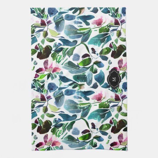 Waterverf bloemen botanisch patroon monogram theedoek (Verticaal)
