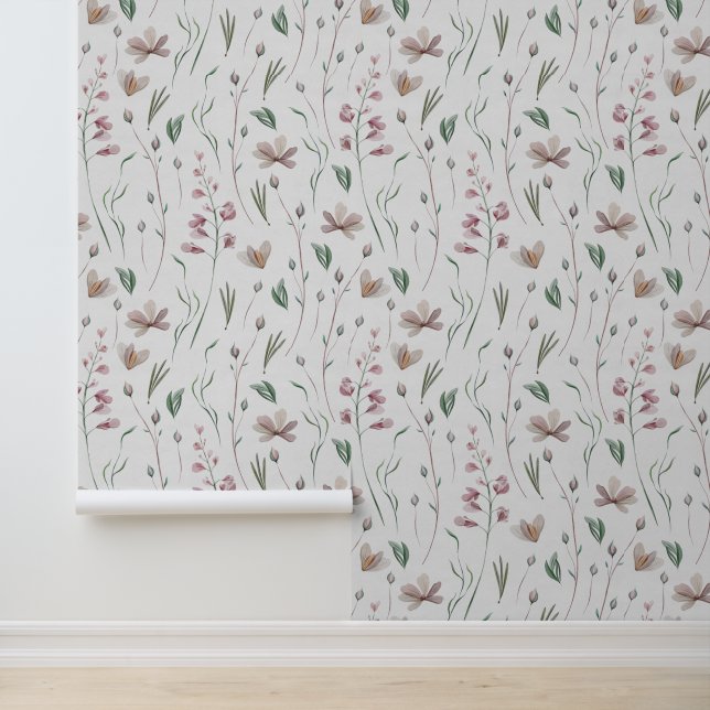 Waterverf Bloemen Botanische Roze Groene Pastel Behang (Applicatie)