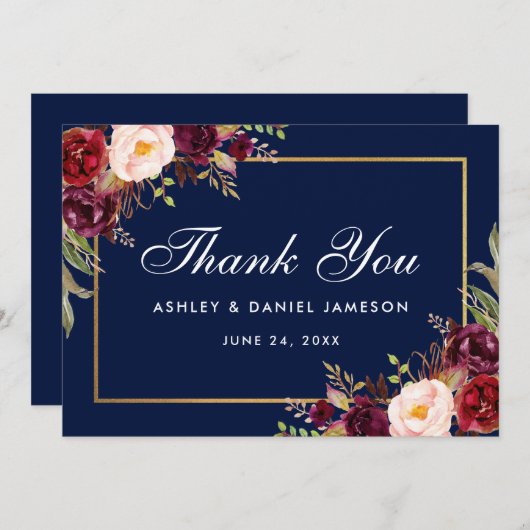 Waterverf Bloemen Bourgogne Blauw Bruiloft Bedankt (Voorkant / Achterkant)