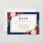Waterverf Bloemen Bourgogne Blauw Goud Bruiloft RS RSVP Kaartje (Voorkant)