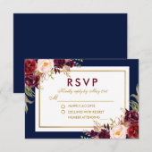 Waterverf Bloemen Bourgogne Blauw Goud Bruiloft RS RSVP Kaartje (Voorkant / Achterkant)