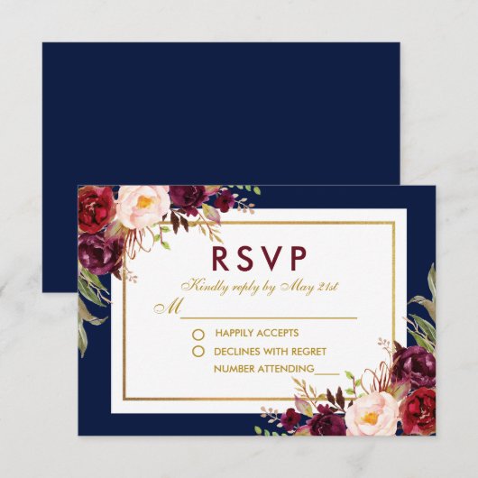 Waterverf Bloemen Bourgogne Blauw Goud Bruiloft RS RSVP Kaartje (Voorkant / Achterkant)