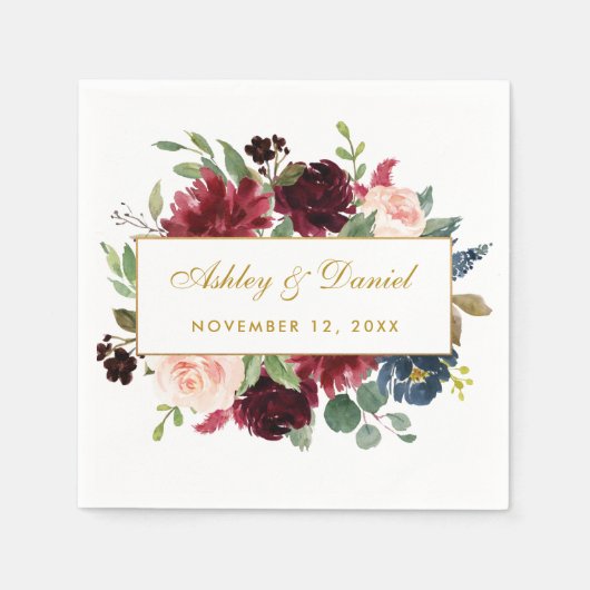 Waterverf Bloemen Bourgogne Blauw Goud Bruiloft Wi Servet (Voorkant)