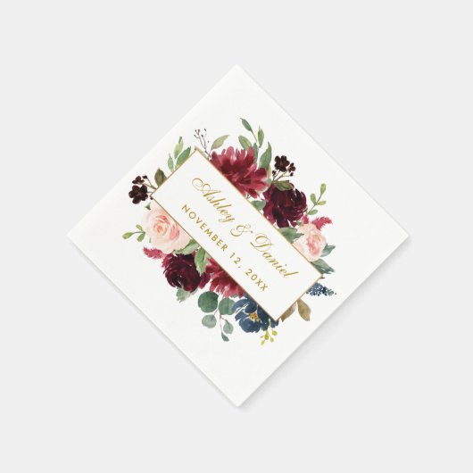 Waterverf Bloemen Bourgogne Blauw Goud Bruiloft Wi Servet (Hoek)