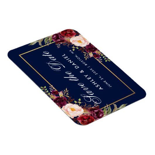 Waterverf Bloemen Bourgogne Blauw Save The Date Magneet (Rechterzijde)