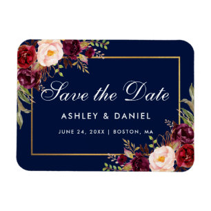 Waterverf Bloemen Bourgogne Blauw Save The Date Magneet