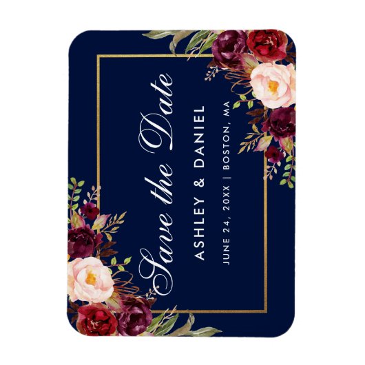 Waterverf Bloemen Bourgogne Blauw Save The Date Magneet (Verticaal)