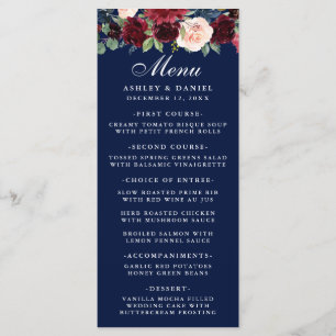 Waterverf Bloemen Bourgogne Bruiloft Menu Blauw