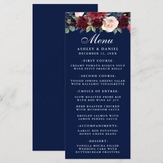 Waterverf Bloemen Bourgogne Bruiloft Menu Blauw (Voorkant / Achterkant)