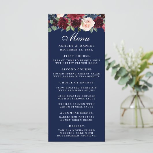 Waterverf Bloemen Bourgogne Bruiloft Menu Blauw (Staand voorkant)