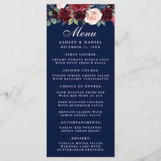 Waterverf Bloemen Bourgogne Bruiloft Menu Blauw (Voorkant)