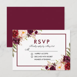 Waterverf Bloemen Bourgogne Bruiloft RSVP B Kaartje