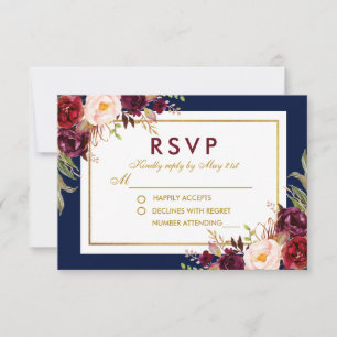 Waterverf Bloemen Bourgogne Goud Blauw Bruiloft RS RSVP Kaartje