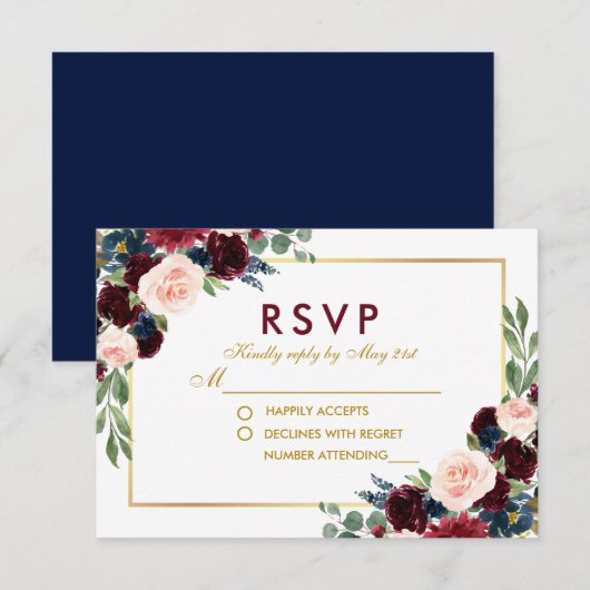 Waterverf Bloemen Bourgogne Goud Blauw Bruiloft RS RSVP Kaartje (Voorkant / Achterkant)