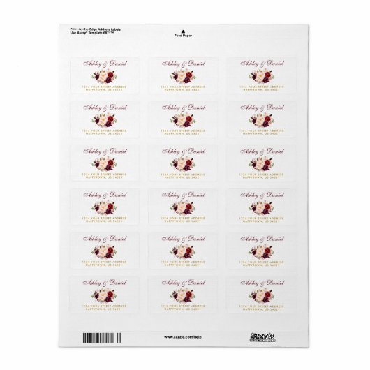 Waterverf Bloemen Bourgogne Goud Bruiloft Adres B Etiket (Full Sheet)