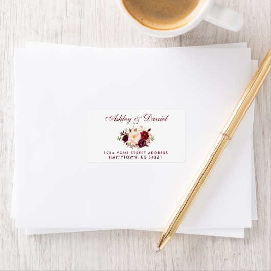 Waterverf Bloemen Bourgogne Goud Bruiloft Adres BW Etiket (Insitu)